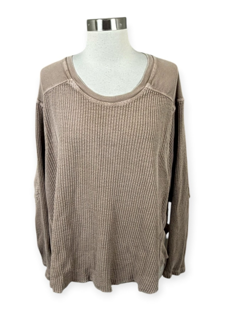 Free People FP One Waffle Knit Oversized Top Elbow Patches Boho Size M Neutral